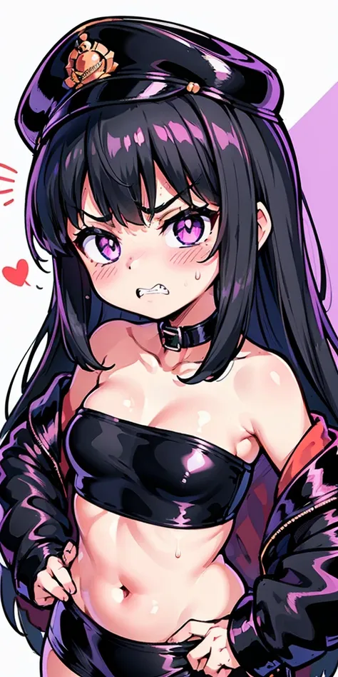 1 girl,heart-shaped pupils, hand on hips, (black hair), (purple eyes), long hair, (((long straight hime hair))) (blush:1.1), Upper body, trembling, Sweat, Sweatdrop, heart, (speed line:1.1), ((Flat milk)), ((heavy breathing:1.3)), like, heart, angry look, ...