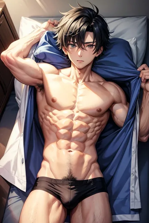 Anime boys abs wearing briefs and showing hairy belly button