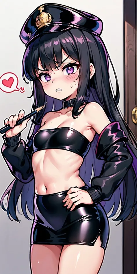 1 girl,heart-shaped pupils, hand on hips, (black hair), (purple eyes), long hair, (((long straight hime hair))) (blush:1.1), Upper body, trembling, Sweat, Sweatdrop, heart, (speed line:1.1), ((Flat milk)), ((heavy breathing:1.3)), like, heart, angry look, ...