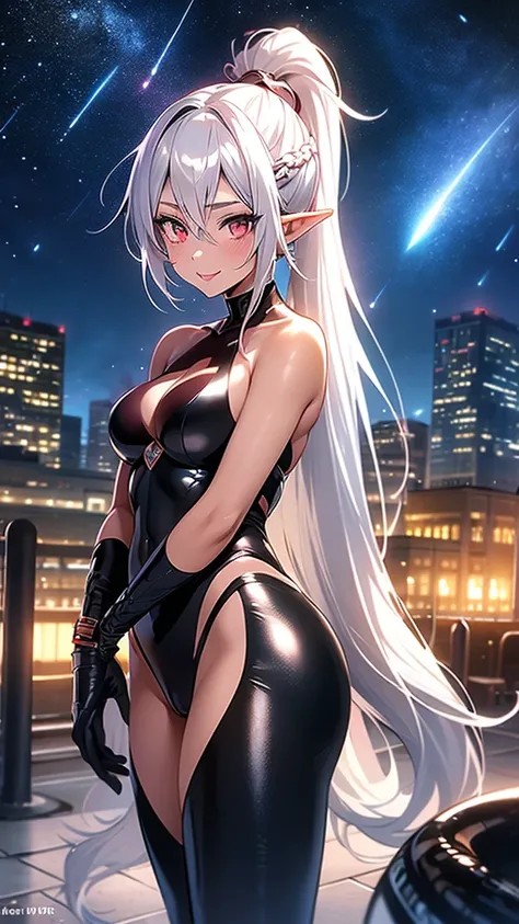 An elf woman, very black tanned skin, beautiful silver hair, pointed ears, beautiful red eyes, thick pink lips, ponytail, shiny black rubber suit, beautiful body line, upper body description, dear smile, open lips, close-up, 8K, night, pitch-black skyscrap...