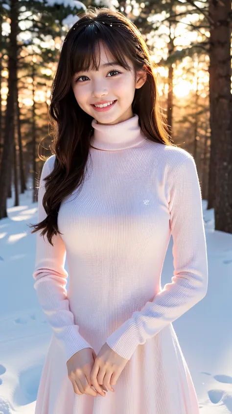 (highest quality、masterpiece、8k、Best image quality、Hyperrealism、Award-winning works)、1 girl、(10 year old girl:1.2)、(alone:1.3)、(1 photo:1.2)、(The perfect light pink tight knit turtleneck dress:1.4)、(Standing Elegantly:1.2)、(in the snow covered forest:1.2)、...