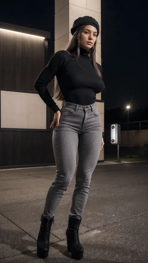 high resolution，Super detailed，Work，Ultra HD，Stylish hats，No skin exposed，Extra-long gray hair，Black turtleneck sweater，Black denim skinny trousers，Black platform boots，Skin is not exposed， 1 High, Strong, Muscle Girl, Very tall and Strong，two meters tall，...