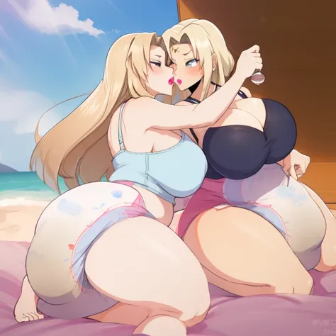 Tsunade Senju, 1 girl, ((bimbo))), long blond hair, puffy lips, painted lips, thick lips, wide hips, thick thighs, huge ass, screaming , enormous huge natural breasts, mature mom, white bra, in my bed, kissing another woman, huge bloated overflowing saggy ...