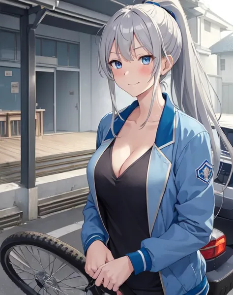 (((masterpiece))), ShizukaMikazuki, One Girl, alone, View your viewers, Long Hair, Gray Hair, Long sleeve, Cleavage, Large Breasts, Mature Body,clavicle, Jacket, Open clothes, open Jacket, blue Jacket, Ground vehicles, Play sports often, bicycle,blue eyes,...