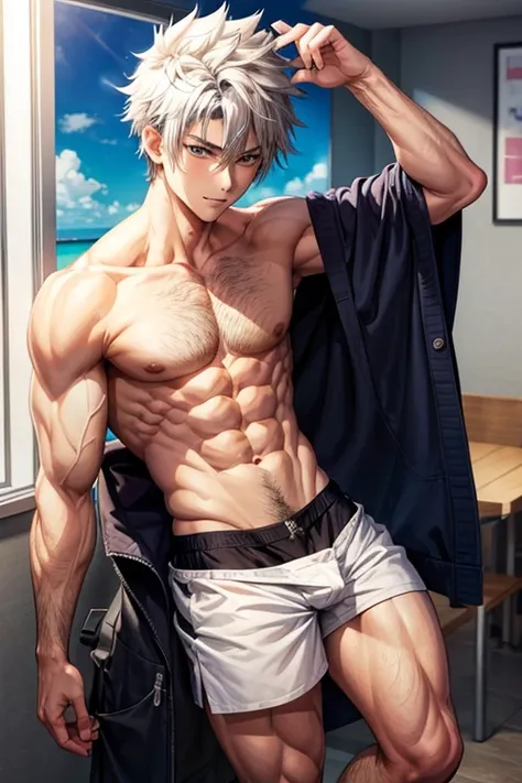 Hot anime boy pulling his pants down and shows hairy belly button and abs