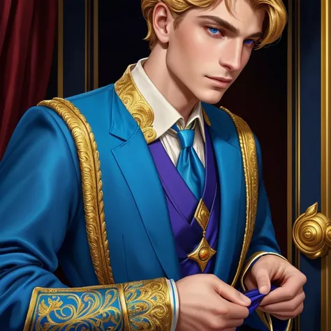 wearing blue suit、close-up of man wearing golden crown, beautiful androgynous prince, exquisite androgynous prince, handsome pri...