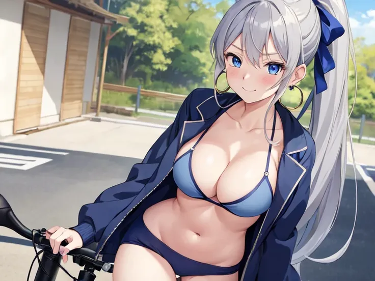 (((masterpiece))), ShizukaMikazuki, One Girl, alone, View audience, Long Hair, Gray Hair, Long sleeve, Cleavage, Large Breasts, Mature Body,clavicle, Jacket, Open clothes, open Jacket, blue Jacket, Ground vehicles, Play sports often, bicycle,blue eyes, Hig...