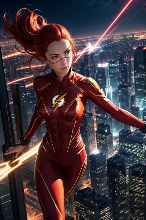 In an urban cityscape, a female version of Barry Allen, The Flash, stands ready to sprint::10. She has fiery red hair::7 resembling a streak of lightning, her muscled yet elegant physique is clad in a high-tech red and gold suit, showcasing her dynamic bea...