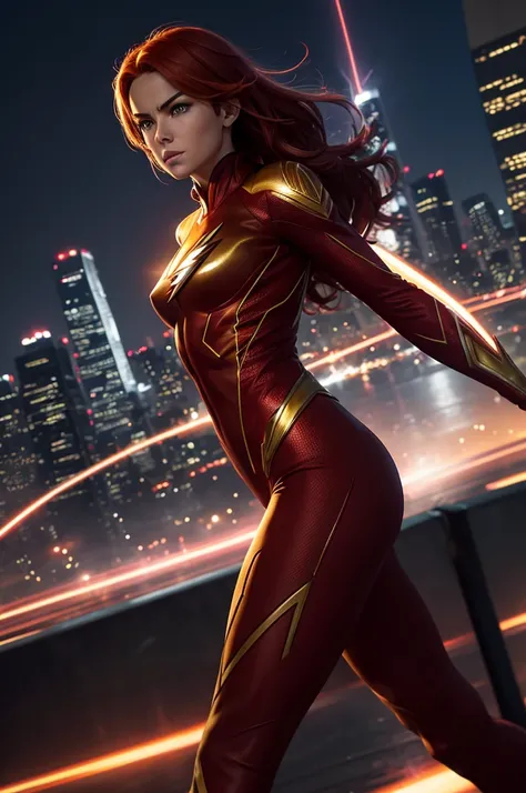 In an urban cityscape, a female version of Barry Allen, The Flash, stands ready to sprint::10. She has fiery red hair::7 resembling a streak of lightning, her muscled yet elegant physique is clad in a high-tech red and gold suit, showcasing her dynamic bea...