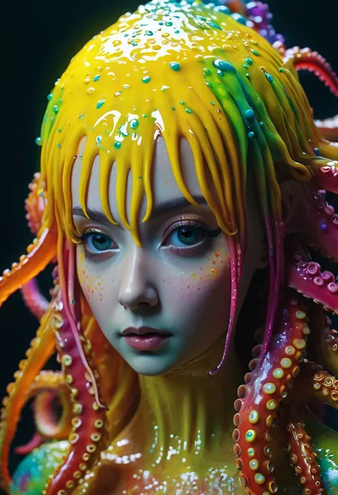 8K, ARTISTIC photogrAphy, best quAlity, mAsterpiece: 1.2), A (potrAit:1.2)  witch BLOOD Toon Doll  Cthulhu   QUEEN, RAINBOW many octopus style tentacles, full body RAW candid cinema, yellow hair, 16mm, color graded portra 400 film, remarkable color, ultra ...