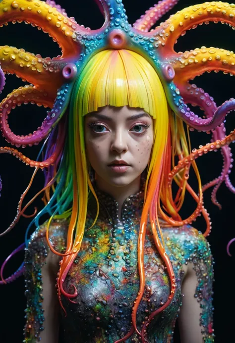 8K, ARTISTIC photogrAphy, best quAlity, mAsterpiece: 1.2), A (potrAit:1.2)  witch BLOOD Toon Doll  Cthulhu   QUEEN, RAINBOW many octopus style tentacles, full body RAW candid cinema, yellow hair, 16mm, color graded portra 400 film, remarkable color, ultra ...