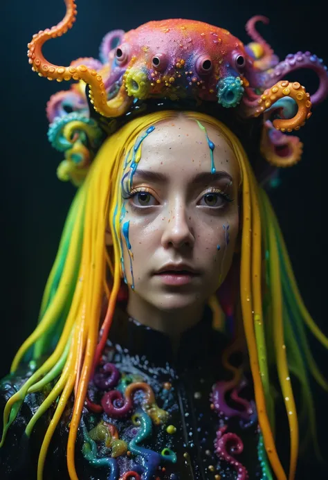 8K, ARTISTIC photogrAphy, best quAlity, mAsterpiece: 1.2), A (potrAit:1.2)  witch BLOOD Toon Doll  Cthulhu   QUEEN, RAINBOW many octopus style tentacles, full body RAW candid cinema, yellow hair, 16mm, color graded portra 400 film, remarkable color, ultra ...