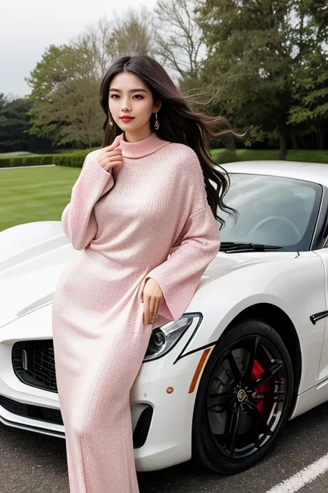 Imagine the highest quality photos。The background is a sophisticated cityscape、Luxury sports cars are shining bright lights。Beautiful long-haired female model in tight knitted dress posing in front of sports car。

Her knitted dress is an elegant pink color...