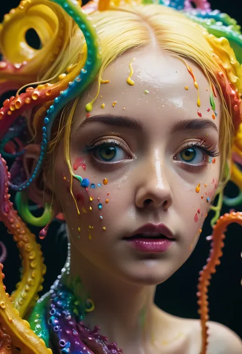 8K, ARTISTIC photogrAphy, best quAlity, mAsterpiece: 1.2), A (potrAit:1.2)  witch BLOOD Toon Doll  Cthulhu   QUEEN, RAINBOW many octopus style tentacles, full body RAW candid cinema, yellow hair, 16mm, color graded portra 400 film, remarkable color, ultra ...