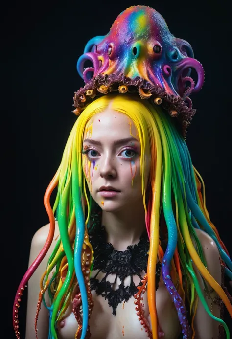 8K, ARTISTIC photogrAphy, best quAlity, mAsterpiece: 1.2), A (potrAit:1.2)  witch BLOOD Toon Doll  Cthulhu   QUEEN, RAINBOW many octopus style tentacles, full body RAW candid cinema, yellow hair, 16mm, color graded portra 400 film, remarkable color, ultra ...