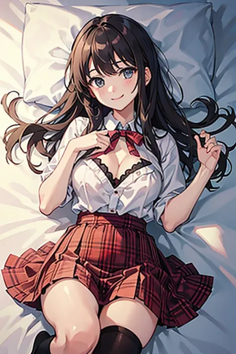 masterpiece, highest quality, photograph,One girl, Nogizaka_Costumes, Thighs, beautiful girl,bedサイドに沢山のぬいぐるみ,bed, View your viewers, Small waist,Symmetrical face, RAWphotograph, High resolution, Anime Style, Sharp focus, Most detailed, Very detailed, Super...