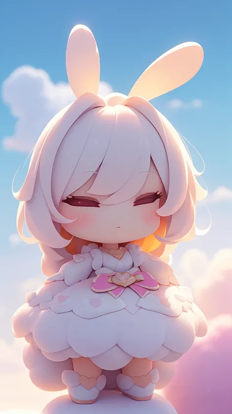 Bunny Morphing Girl, fluffy, soft ((highest quality)), ( Extremely detailed, Best details, Official Art, Beauty and aesthetics: 1.2), Depth of written border, composition, whole body, (a bit), (Beautiful and detailed: 1.3), (wonderful:1), Colorful clouds b...