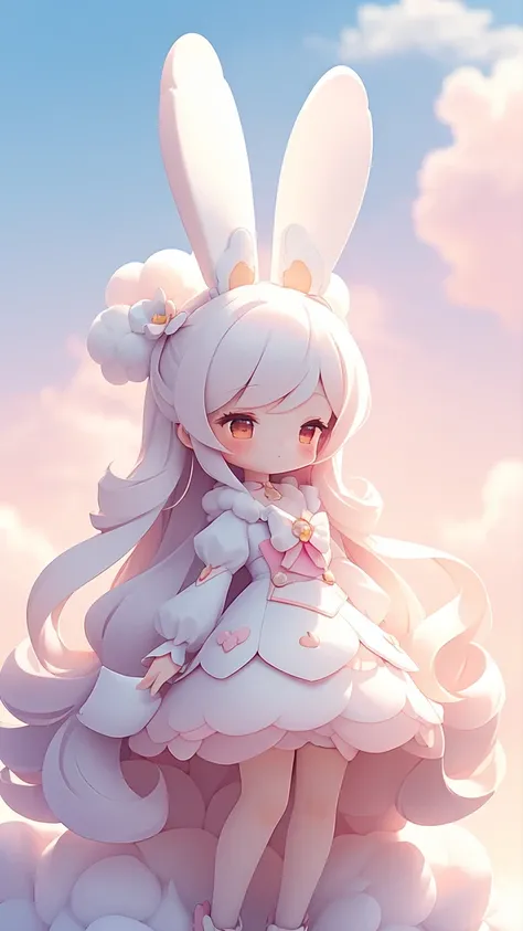 Bunny Morphing Girl, fluffy, soft ((highest quality)), ( Extremely detailed, Best details, Official Art, Beauty and aesthetics: 1.2), Depth of written border, composition, whole body, (a bit), (Beautiful and detailed: 1.3), (wonderful:1), Colorful clouds b...