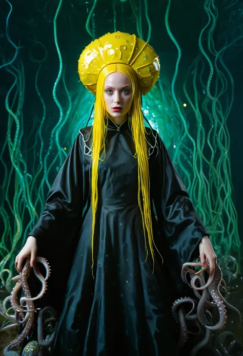 8K, ARTISTIC photogrAphy, best quAlity, mAsterpiece: 1.2), A (potrAit:1.2)  witch BLOOD Toon Doll Cthulhu nun QUEEN, EYES, CYAN many octopus style tentacles, full body RAW candid cinema, yellow hair, 16mm, color graded portra 400 film, remarkable color, ul...