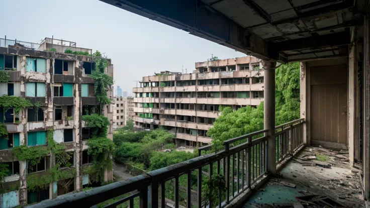 AraFed building with balcony and ground level balcony, Hashima, ruinss, “Abandoned architecture buildings, Empty buildings with vegetation, abandoned Abandoned buildings, ruins, surreal, Abandoned buildings, urban exploration, Abandoned建造物, ruins, Abandone...