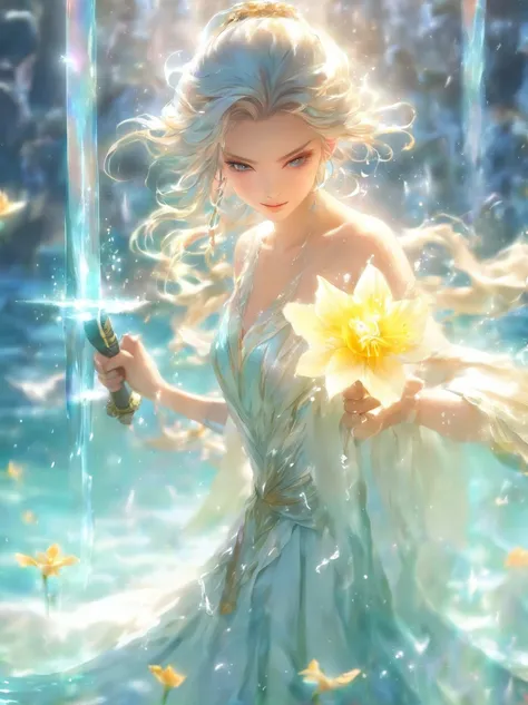 A woman in a white dress holding a sword in the water, Beautiful Celestial Mage, Beautiful fantasy art, Asian female water element, very Beautiful fantasy art, closeup fantasy with water magic, Ice Witch, Beautiful frost witch, author：Chen Lin, Fantasy Bea...