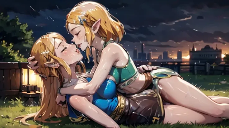 Masterpiece, stunning realistic, best quality, Sharpness, 2 girls, lying on top of each other, kissing on water, large breasts,, tongue kiss, closed eyes,full body (2girls, Zelda), short tight dress, sleeveless, outdoors, cityscape,road, heavy rain,storm, ...