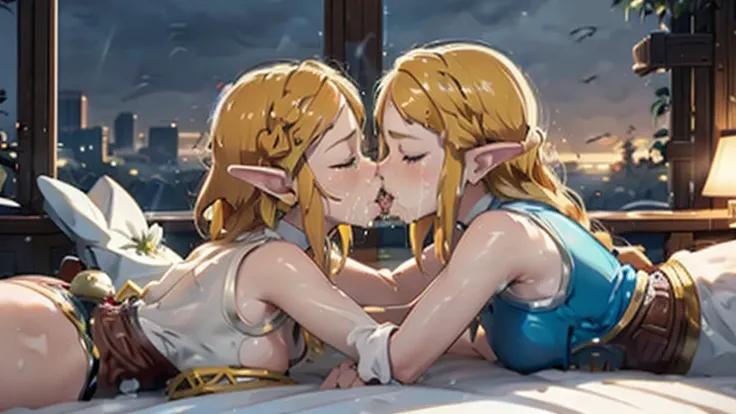 Masterpiece, stunning realistic, movie sex scene, best quality, Sharpness, 2 girls, princess zelda, lying on top of each other, kissing in bed, large breasts,, tongue kiss, closed eyes,full body (2girls, Zelda), short tight dress, sleeveless, cityscape, he...