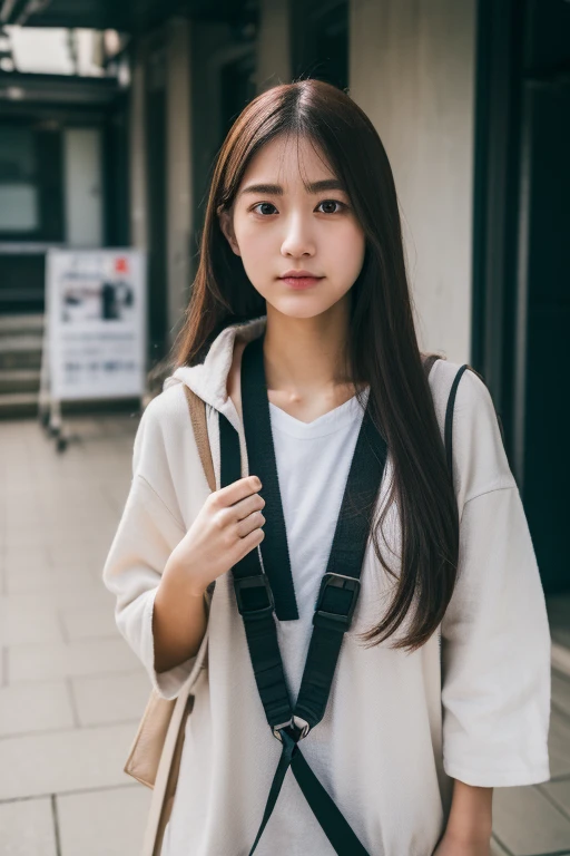 (8K、Raw photography、top-quality、​masterpiece:1.2)、21-years old、japanes、1 girl in、Casual Fashion、A detailed face、A detailed eye、Detailed mouth、nogizaka、Standing in front of the sign、Carrying a backpack