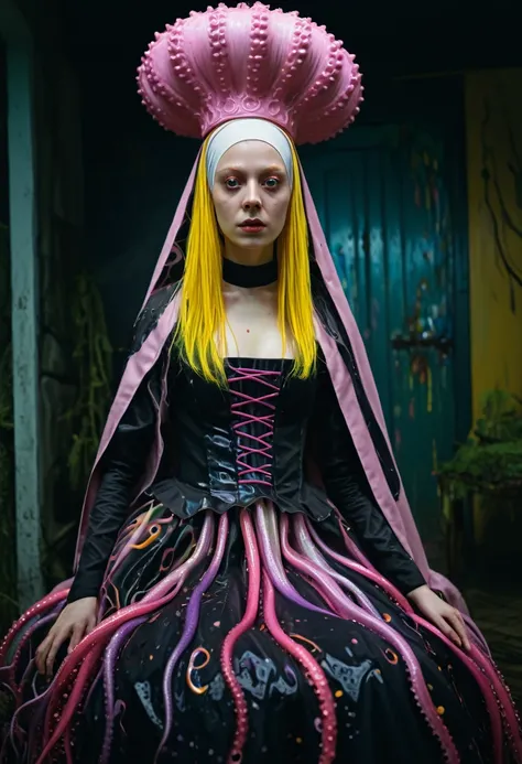 8K, ARTISTIC photogrAphy, best quAlity, mAsterpiece: 1.2), A (potrAit:1.2)  witch BLOOD Toon Doll Cthulhu nun QUEEN, EYES, PINK many octopus style tentacles, full body RAW candid cinema, yellow hair, 16mm, color graded portra 400 film, remarkable color, ul...