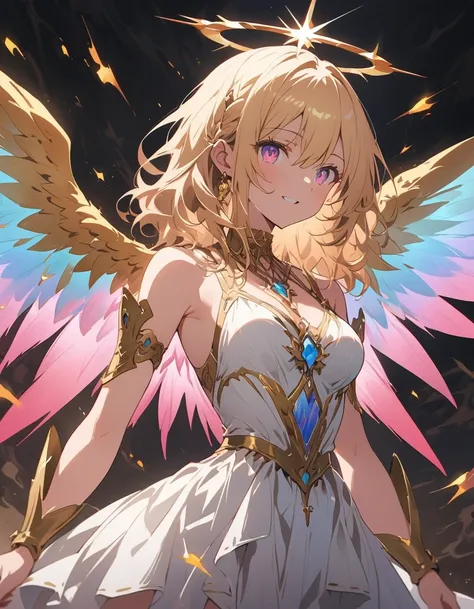 wings round fold、美Shii女god、(highest quality、masterpiece、High resolution、detailed)、animeスタイル、Flat Style、(Shining Eyes、detailed美Shii顔),  BREAK,extremely detailed、god々Shii、figure、Surrealism, god話、god秘的な背景、Background Blur、eyes shining iridescent colors illumin...