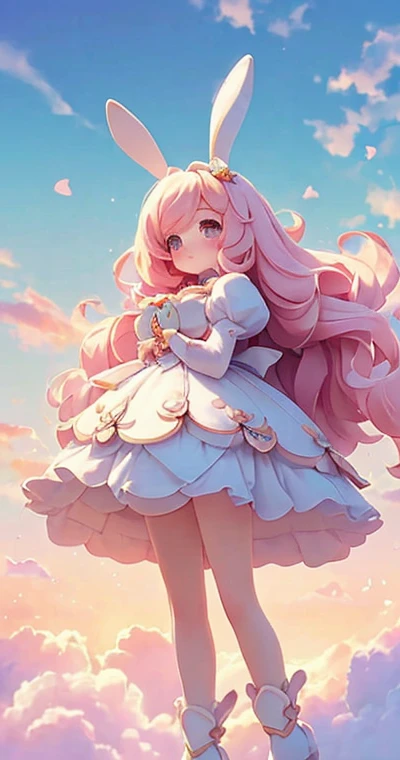 Bunny Morphing Girl, fluffy, soft ((highest quality)), ( Extremely detailed, Best details, Official Art, Beauty and aesthetics: 1.2), Depth of written border, composition, whole body, (a bit), (Beautiful and detailed: 1.3), (wonderful:1), Colorful clouds b...