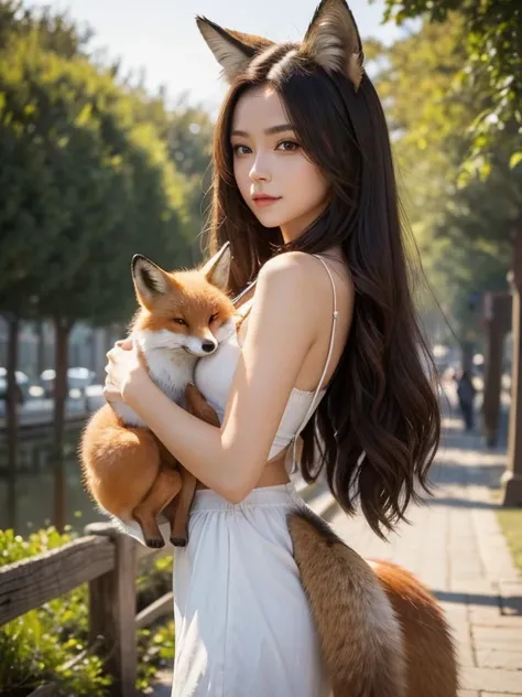 ((highest quality, 32k)), ((masterpiece)), (Get used to it), Perfect Face, Fox Girl, Beautiful woman, public, Has a tail, She has a fox&#39;s tail, She wags her fluffy tail, smile, collar, She wears a business suit, Beautiful hip line, His tail is sticking...