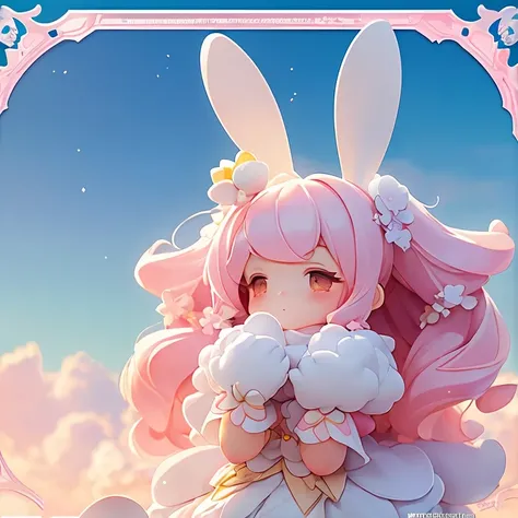 Bunny Morphing Girl, fluffy, soft ((highest quality)), ( Extremely detailed, Best details, Official Art, Beauty and aesthetics: 1.2), Depth of written border, composition, whole body, (a bit), (Beautiful and detailed: 1.3), (wonderful:1), Colorful clouds b...