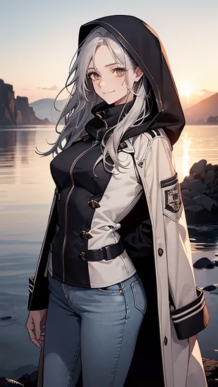 (Confused, High resolution, Very detailed), 1 female, Silver Hair,Long Hair,Reddish brown eyes,boots,Wearing a hood,navy long coat,Skinny jeans,Black and white pilot suit,,Small breasts,24-years-old,Beautiful woman,Adult female,,thin,quiet,Calm,A small smi...