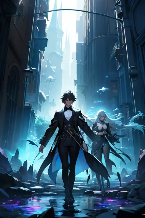 In a concert setting, Paganini and Vivaldi are portrayed delivering their most exquisite performance in heaven, as depicted in an anime and manga style illustration. The backdrop is an urban cityscape bathed in diffuse colors and RGB lighting, showcasing a...