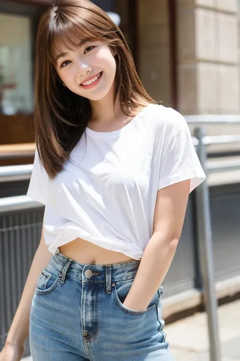 Cute woman, brown hair, white T-shirt, denim, front view, smiling, bangs