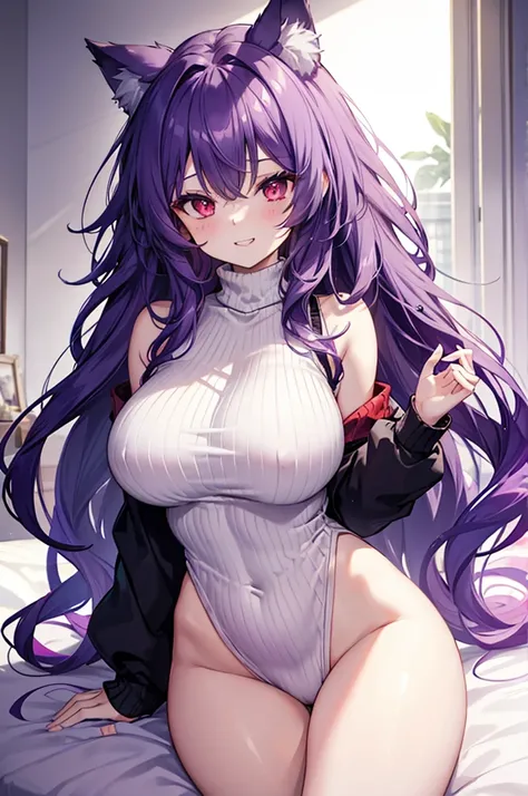 Wolf Girl, Large Breasts, Voluminous, messy purple hair, masterpiece , Red eyes, hd, Head to Chest, Put in your chest、Underboobs、Double teeth,, On the bed、Thick thighs、Grinning、turtleneck、Sleeveless sweater