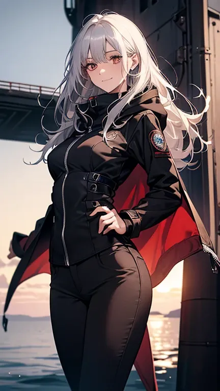 (Confused, High resolution, Very detailed), 1 female, Silver Hair,Long Hair,Reddish brown eyes,boots,Wearing a hood,Navy Long Coat,Black skinny jeans,Black and white pilot suit,,Small breasts,24-years-old,Beautiful woman,Adult female,,thin,quiet,Calm,A sma...