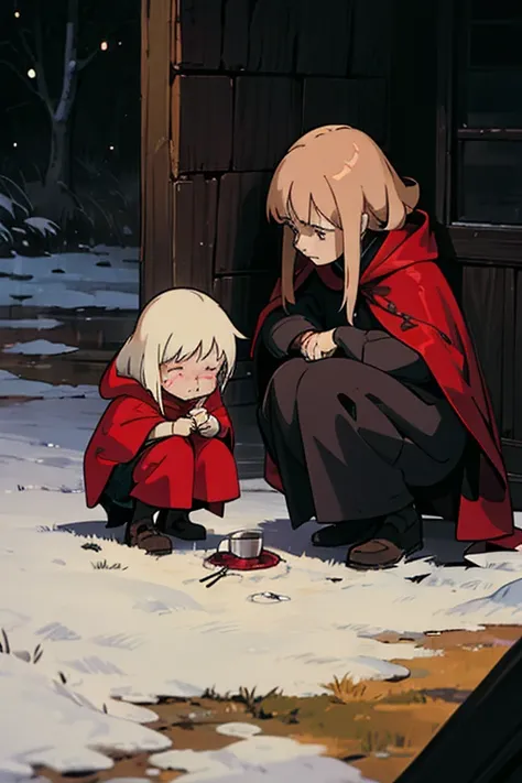 A little girl wearing a red cloak and golden hair, squatting in the corner, crying with her head down, holding a burning little match in her hand, with an old pair of hands extending to the little girl. It snows, outdoors, at night