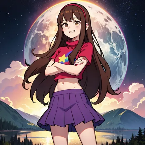 day, mabel pines ,masterpiece,best quality,Mabel,1girl, crossed arms,wallpaper, landscape, blood, blood splatter, depth of field, night, light particles, light rays, sidelighting, thighs, fate (series) solo,upper body,long hair,red sweater,long sleevess,br...