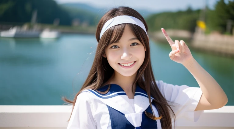 The colors and landscapes of youth、Making a peace sign(masterpiece,highest quality,超A high resolution),Japanese High School Girl,Cute smile, Ubu no Girl、((Long Hair,hair band)).Cute Sailor Uniform、Short-sleeved sailor uniform、Navy Blue Skirt、pure white、Bea...