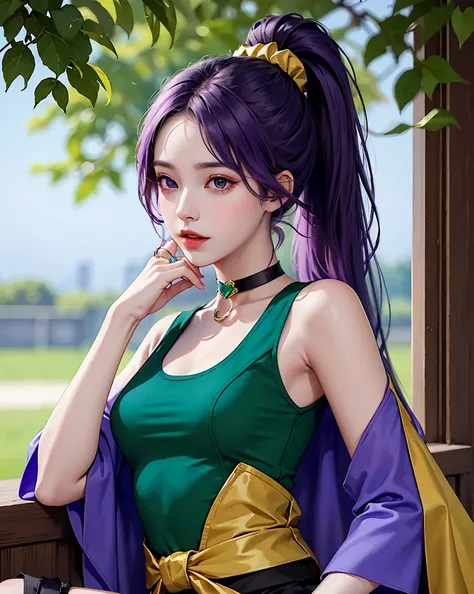 Martina,Purple eyes, Purple Hair, Very long hair, ponytail, Hair Scrunchie, Green choker, O-ring top, Tank top, No sleeve, West Cape, Black shorts, Green Zone, boots,fc portrait  