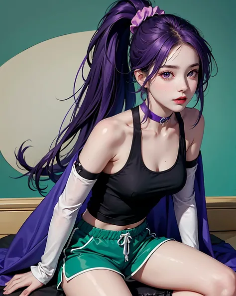 Martina,Purple eyes, Purple Hair, Very long hair, ponytail, Hair Scrunchie, Green choker, O-ring top, Tank top, No sleeve, West Cape, Black shorts, Green Zone, boots,fc portrait  