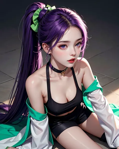 Martina,Purple eyes, Purple Hair, Very long hair, ponytail, Hair Scrunchie, Green choker, O-ring top, Tank top, No sleeve, West Cape, Black shorts, Green Zone, boots,fc portrait  