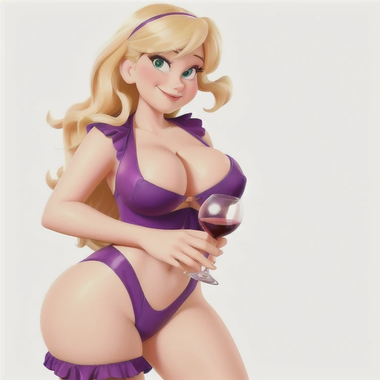 4k, Comic Babes, cartoon of a woman in a purple bikini holding a glass of wine, she holds a glass of wine, enjoying a glass of wine, hot blonde woman in the wine cellar, megara, with a bottle of wine, body pinned up, holding a glass of wine, drinking wine,...