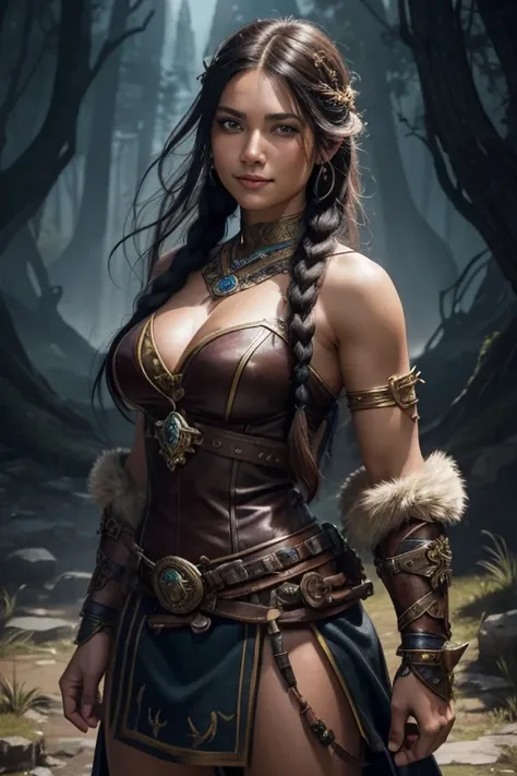 smiling fantasy barbarian girl,black bear,illustration,ultra-detailed,painted style,vibrant colors,heroic pose,fantasy portrait,adventure theme,strong and fearless girl,braided hair,wilderness,ancient ruins,leather armor,fierce expression,beautiful detaile...