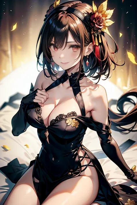 yor briar, anime style beutiful woman, 1girl, happy, sexy pause,(with sparkling eyes and a contagious smile:0.9),red face, closed mouth, beautiful detailed eyes, super detailed skin, backlighting, bare shoulders, black background, black dress, black gloves...