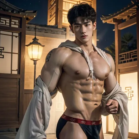 Chinese Men God, Mythology, Chinese odyssy, Handsome, Twink, Topless, Muscles, Athlete body, Full Frame, Sexy, Professional Lighting, Hanfu Outfit, Chinese Heaven Background, Bulge Underneathe Underwear, Sexy big bulge,  Hanfu Warrior, Hanfu God, Hanfu Mal...