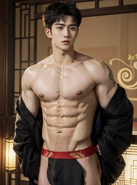 Chinese Men God, Mythology, Chinese odyssy, Handsome, Twink, Topless, Muscles, Athlete body, Full Frame, Sexy, Professional Lighting, Hanfu Outfit, Chinese Heaven Background, Bulge Underneathe Underwear, Sexy big bulge,  Hanfu Warrior, Hanfu God, Hanfu Mal...