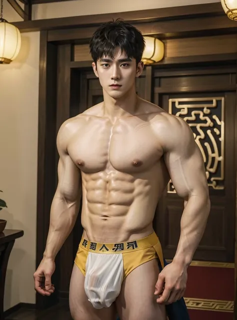 Chinese Men God, Mythology, Chinese odyssy, Handsome, Twink, Topless, Muscles, Athlete body, Full Frame, Sexy, Professional Lighting, Hanfu Outfit, Chinese Heaven Background, Bulge Underneathe Underwear, Sexy big bulge,  Hanfu Warrior, Hanfu God, Hanfu Mal...